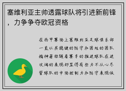 塞维利亚主帅透露球队将引进新前锋，力争争夺欧冠资格